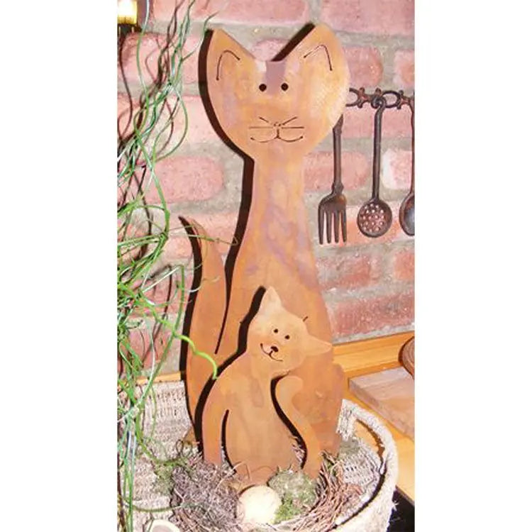 Edelrost Katzen Set Mama & Kätzchen – Metallfiguren 50/24 cm mit Platte - Pille Gartenwelt