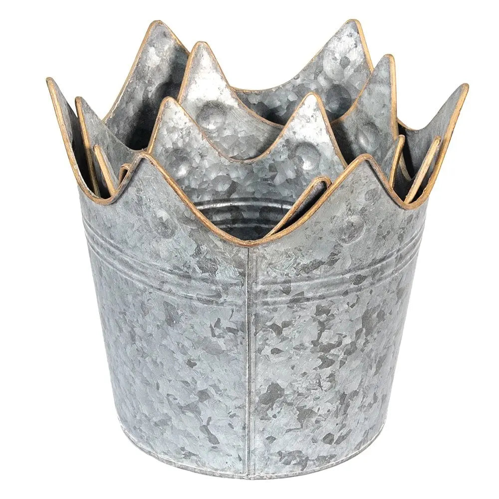 3er Set Pflanztöpfe Ø 24 Ø 21 Ø 19 cm grauer Pflanztopf Krone Metall Clayre & Eef.