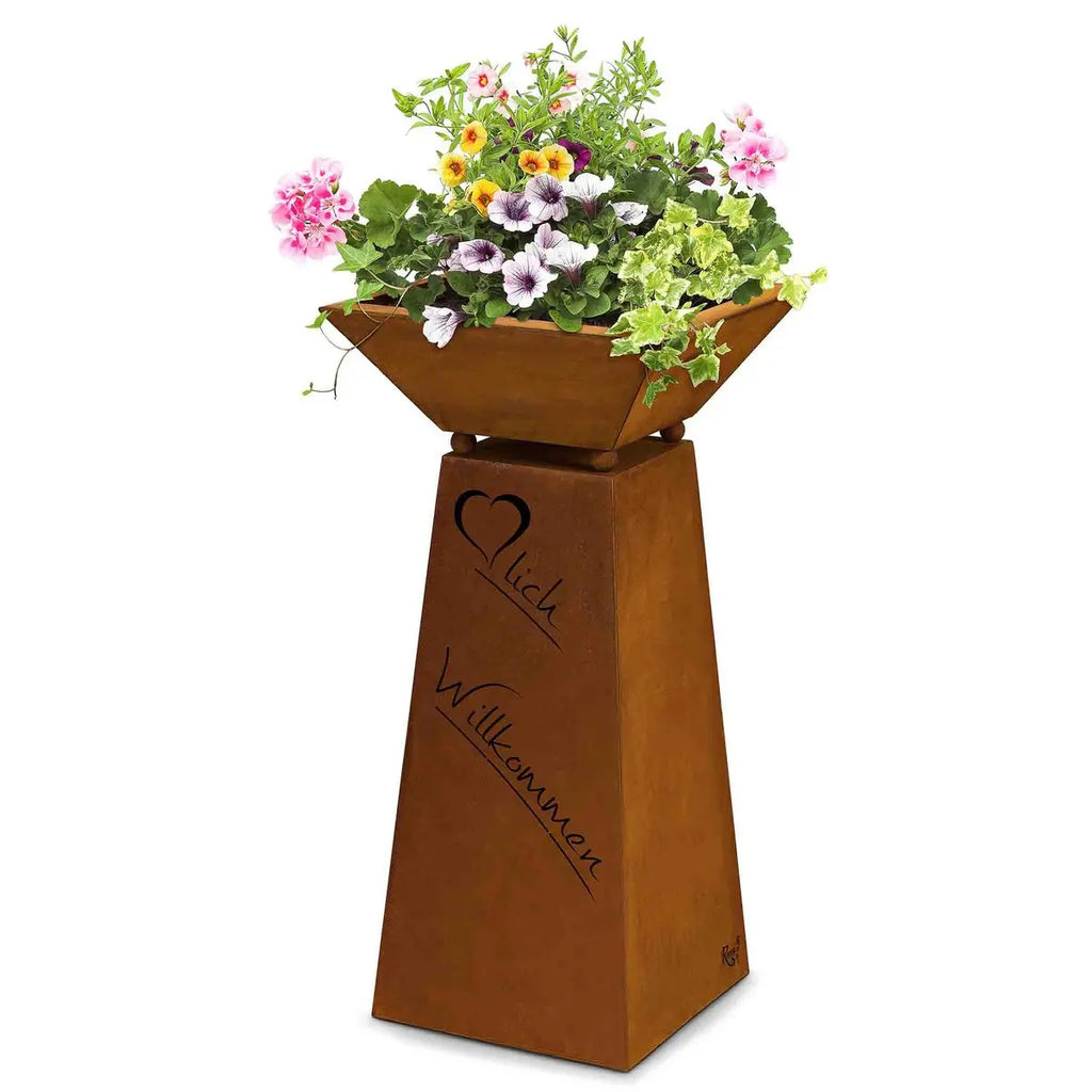 Edelrost Säule „Herzlich Willkommen“ mit Pflanzschale – 57 cm - Pille Gartenwelt