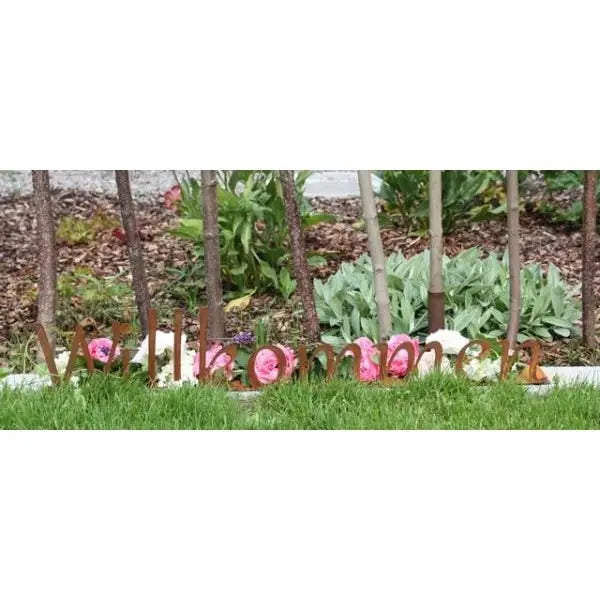 Edelrost „Willkommen“ Schriftzug mit Bodenplatte – Rost Deko für Eingang & Garten - Pille Gartenwelt