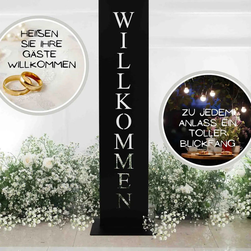 Willkommen Schild schwarz matt – Metall Deko mit Bodenplatte, 71 cm - Pille Gartenwelt