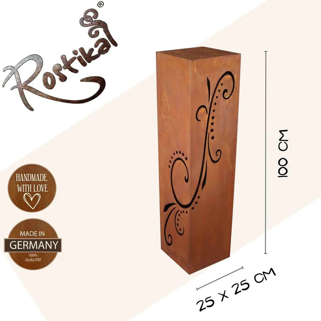 Edelrost Dekosäule mit Ornamenten 1 m – mit/ohne geschwungene Schale - Pille Gartenwelt