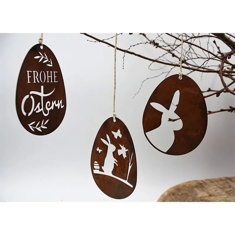 Edelrost Ostereier Anhänger 3er Set – Hasenmotive & Frohe Ostern 2 Größen - Pille Gartenwelt
