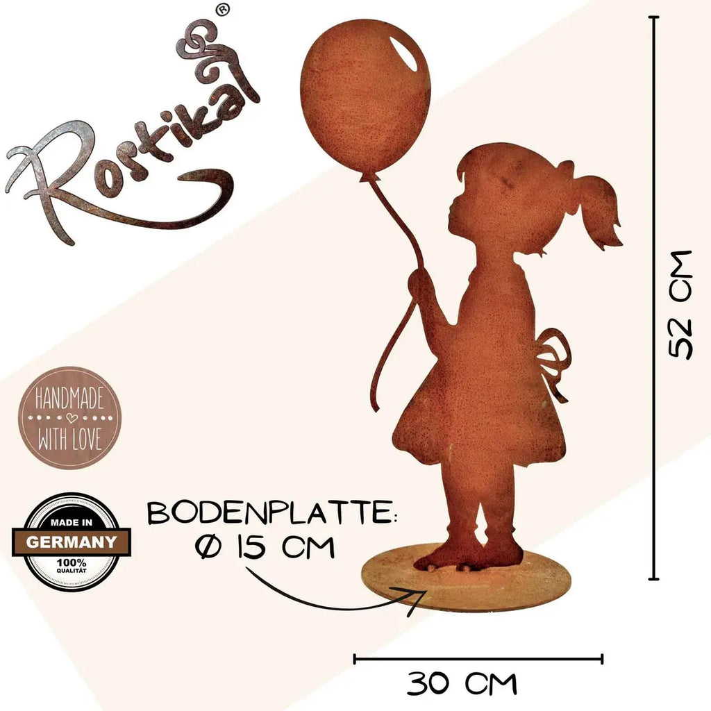 Edelrost Mädchen mit Namens-Luftballon – personalisierte Dekofigur 52 cm - Pille Gartenwelt