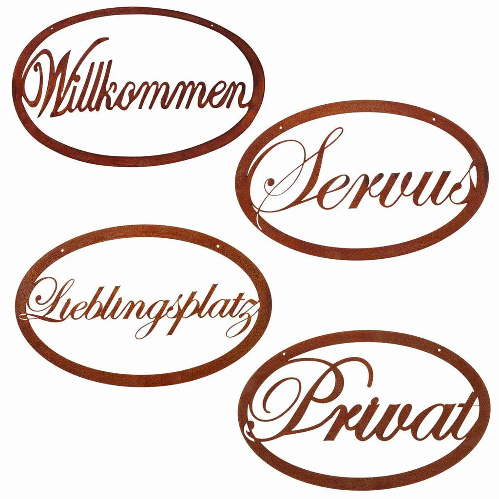 Edelrost Türschild aus Metall – Schriftzug „Willkommen/Servus/Lieblingsplatz/Privat“ - Pille Gartenwelt