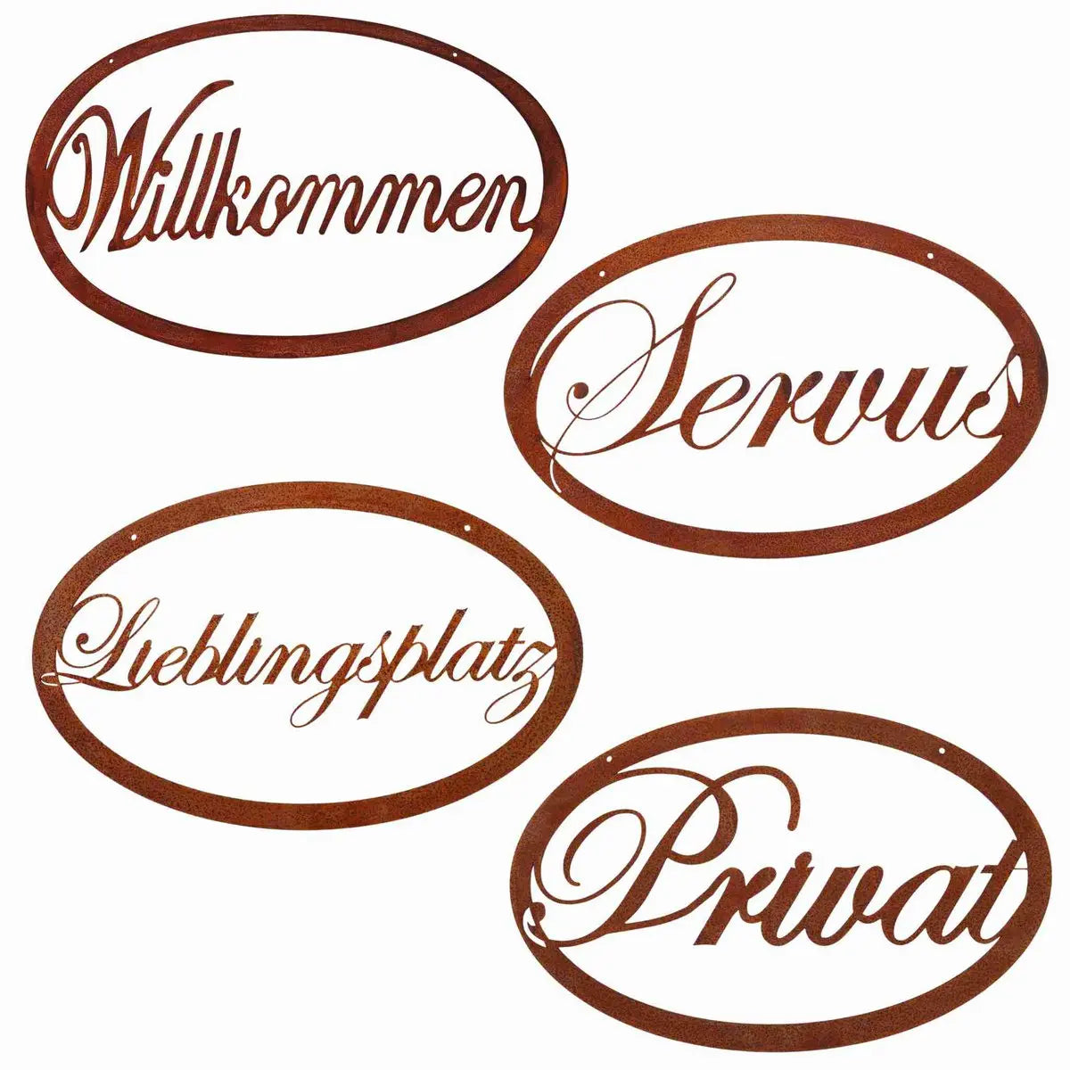 Edelrost Türschild aus Metall – Schriftzug „Willkommen/Servus/Lieblingsplatz/Privat“ - Pille Gartenwelt