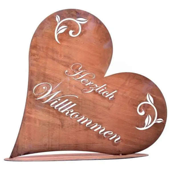Edelrost Willkommen Herz mit Bodenplatte – Herzlich Willkommen Schild - Pille Gartenwelt