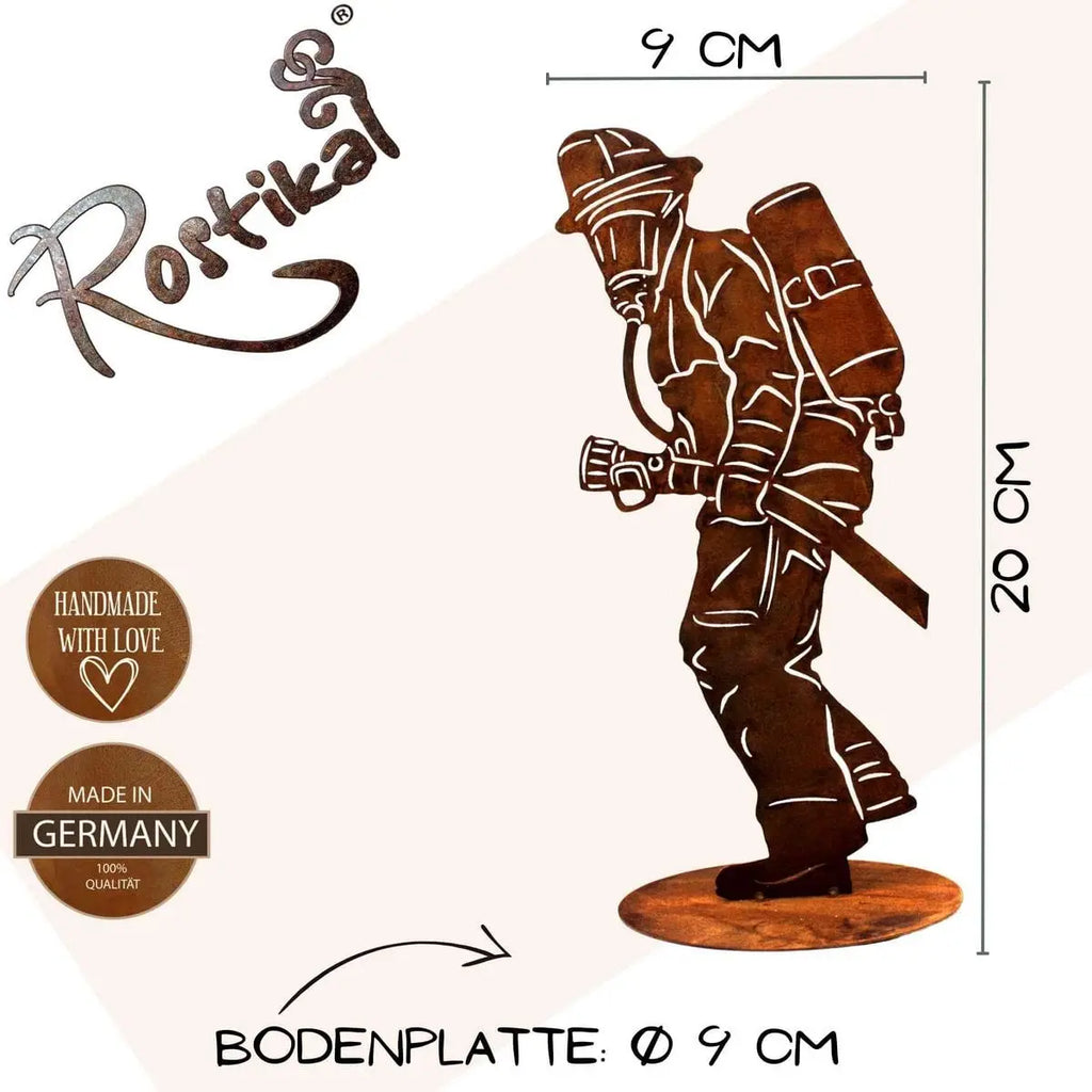 Edelrost Feuerwehrmann Skulptur – 20 cm oder 40 cm mit Bodenplatte - Pille Gartenwelt