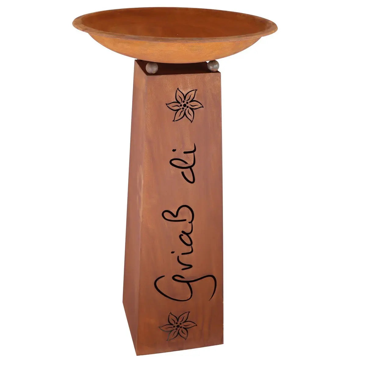 Edelrost Säule „Griaß di“ mit Pflanzschale – Edelweiß 1 m - Pille Gartenwelt