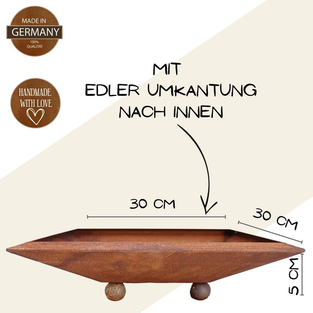 Edelrost Blumenschale eckig aus Cortenstahl – 30–70 cm, mit/ohne Kugeln - Pille Gartenwelt