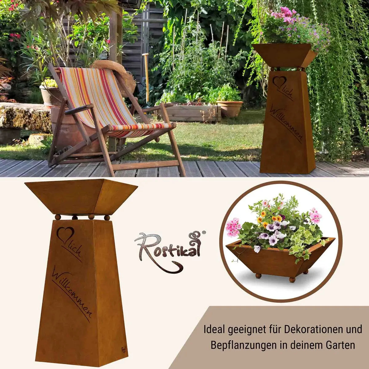 Edelrost Säule „Herzlich Willkommen“ mit Pflanzschale – 57 cm - Pille Gartenwelt