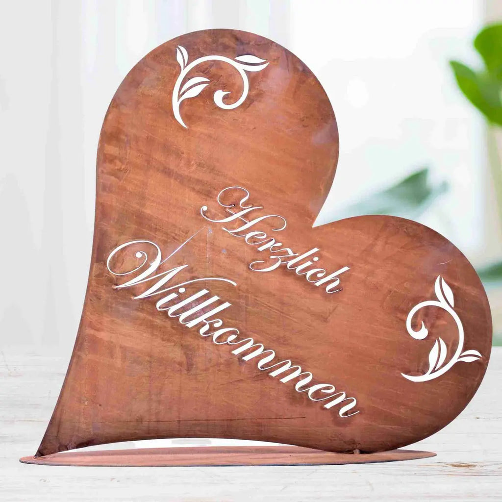 Edelrost Willkommen Herz mit Bodenplatte – Herzlich Willkommen Schild - Pille Gartenwelt