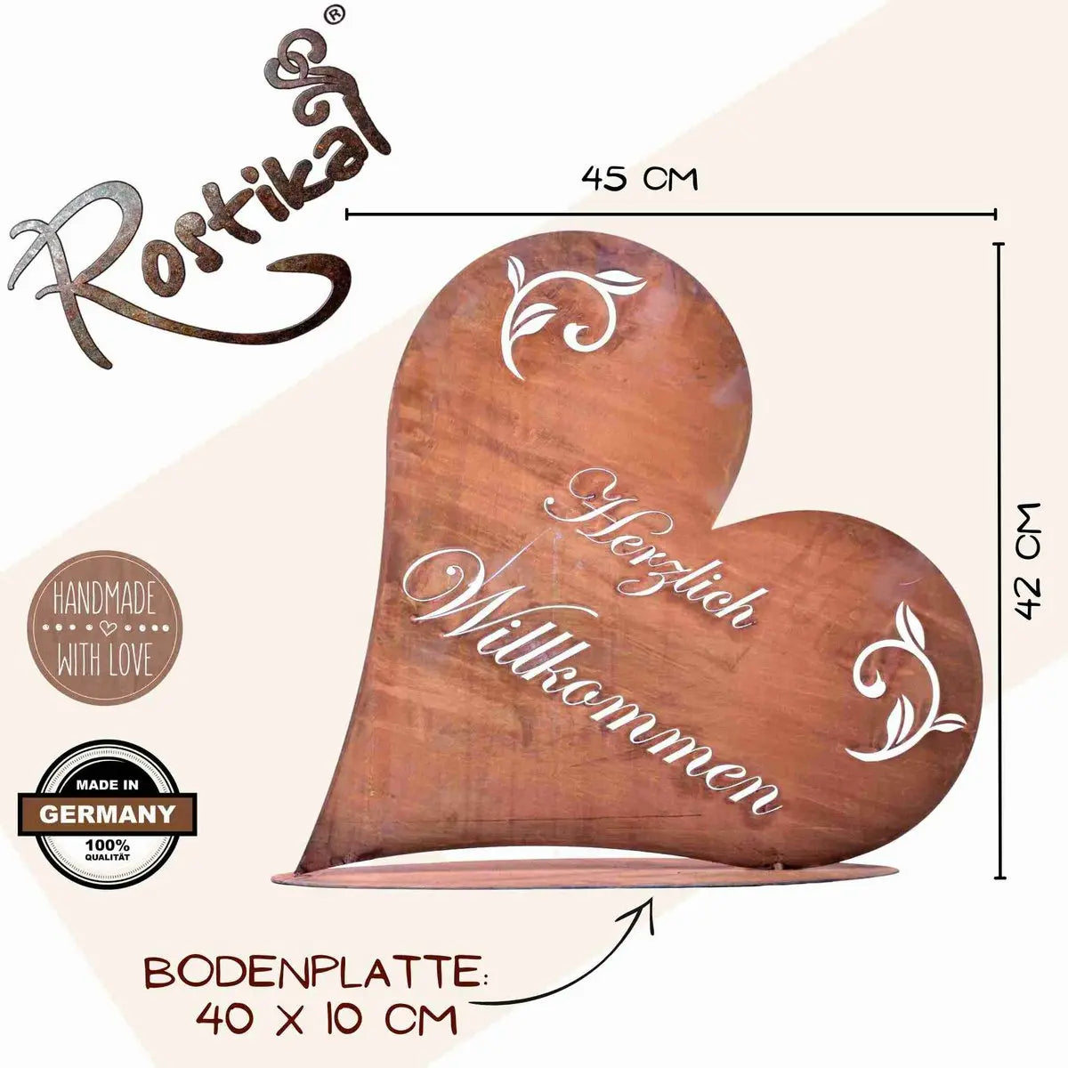 Edelrost Willkommen Herz mit Bodenplatte – Herzlich Willkommen Schild - Pille Gartenwelt
