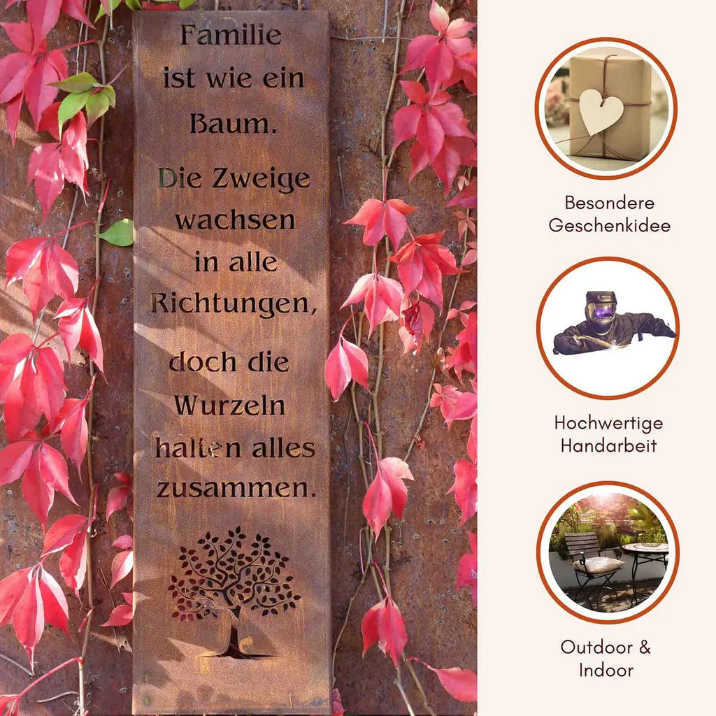 Edelrost Gartenschild mit Spruch – Spruchtafel mit Stand oder Stab - Pille Gartenwelt