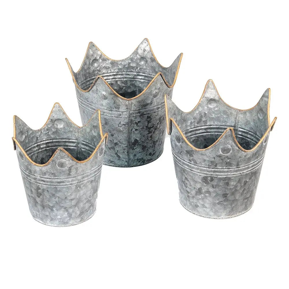 3er Set Pflanztöpfe Ø 24 Ø 21 Ø 19 cm grauer Pflanztopf Krone Metall Clayre & Eef.