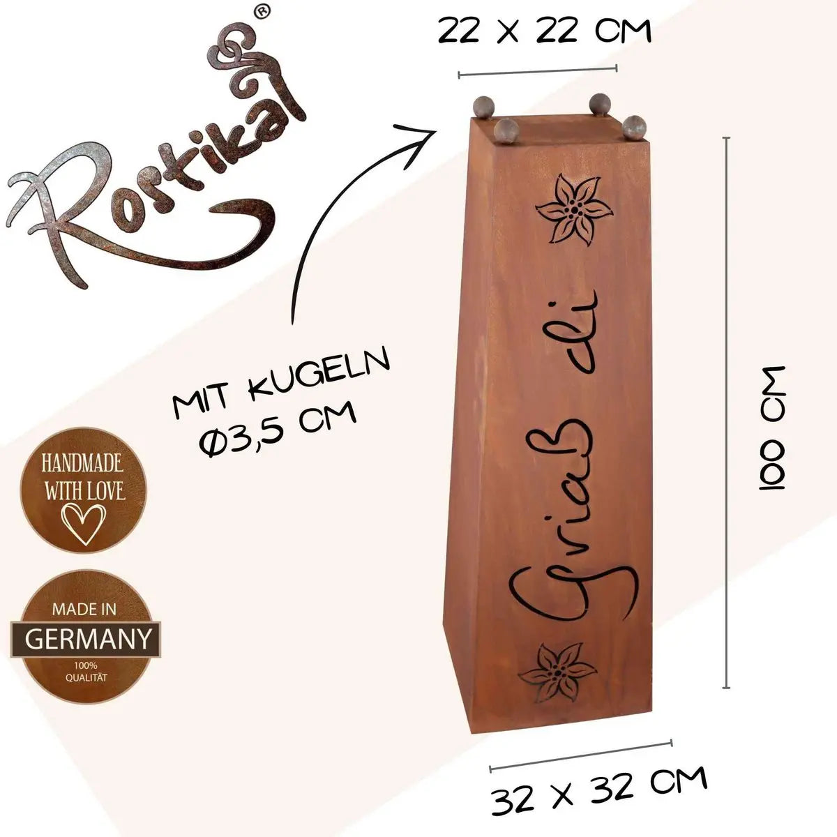 Edelrost Säule „Griaß di“ mit Pflanzschale – Edelweiß 1 m - Pille Gartenwelt