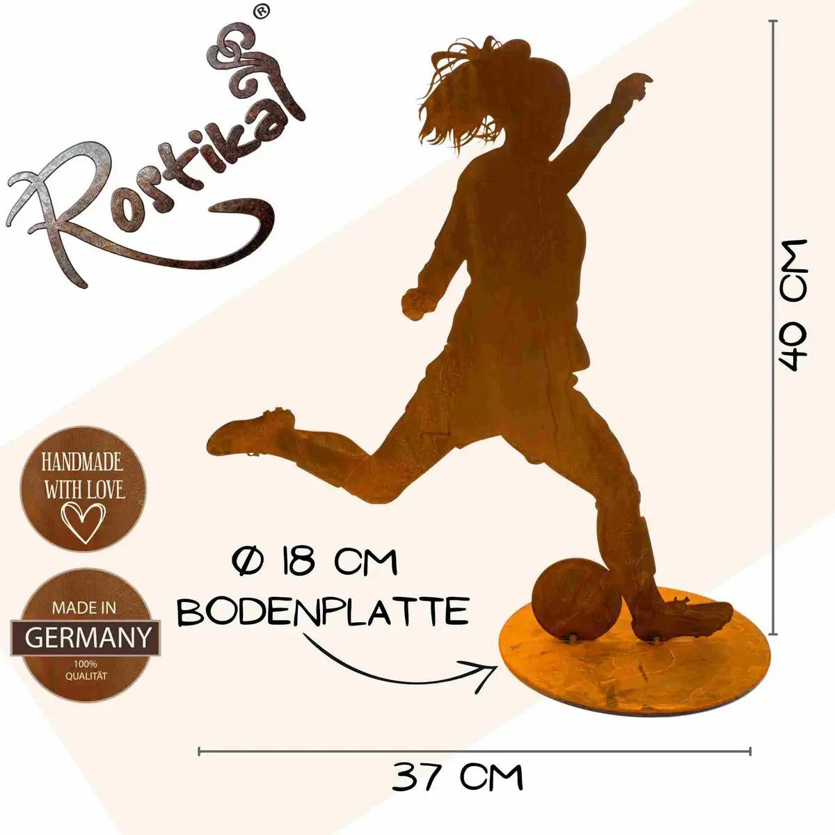Edelrost Fußball Figur Sportlerin 40 cm mit Bodenplatte - Pille Gartenwelt