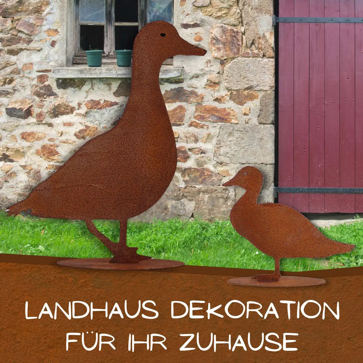 Edelrost Ente mit Bodenplatte – Entenküken, Entenmutter oder Set - Pille Gartenwelt