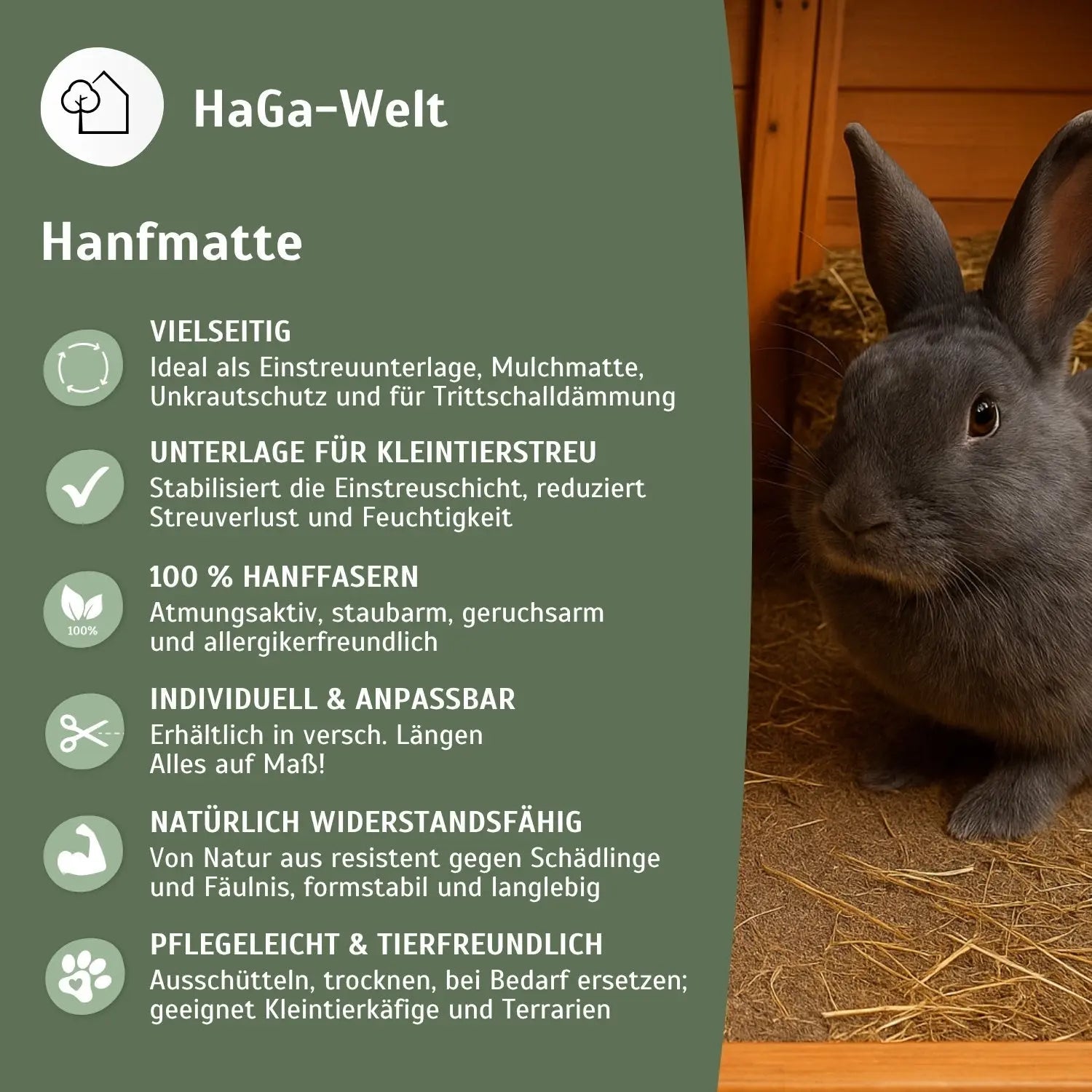 Hanfmatte 65 cm breit  - atmungsaktive Hanfmatte, perfekte Unterlage für Kleintierstreu
