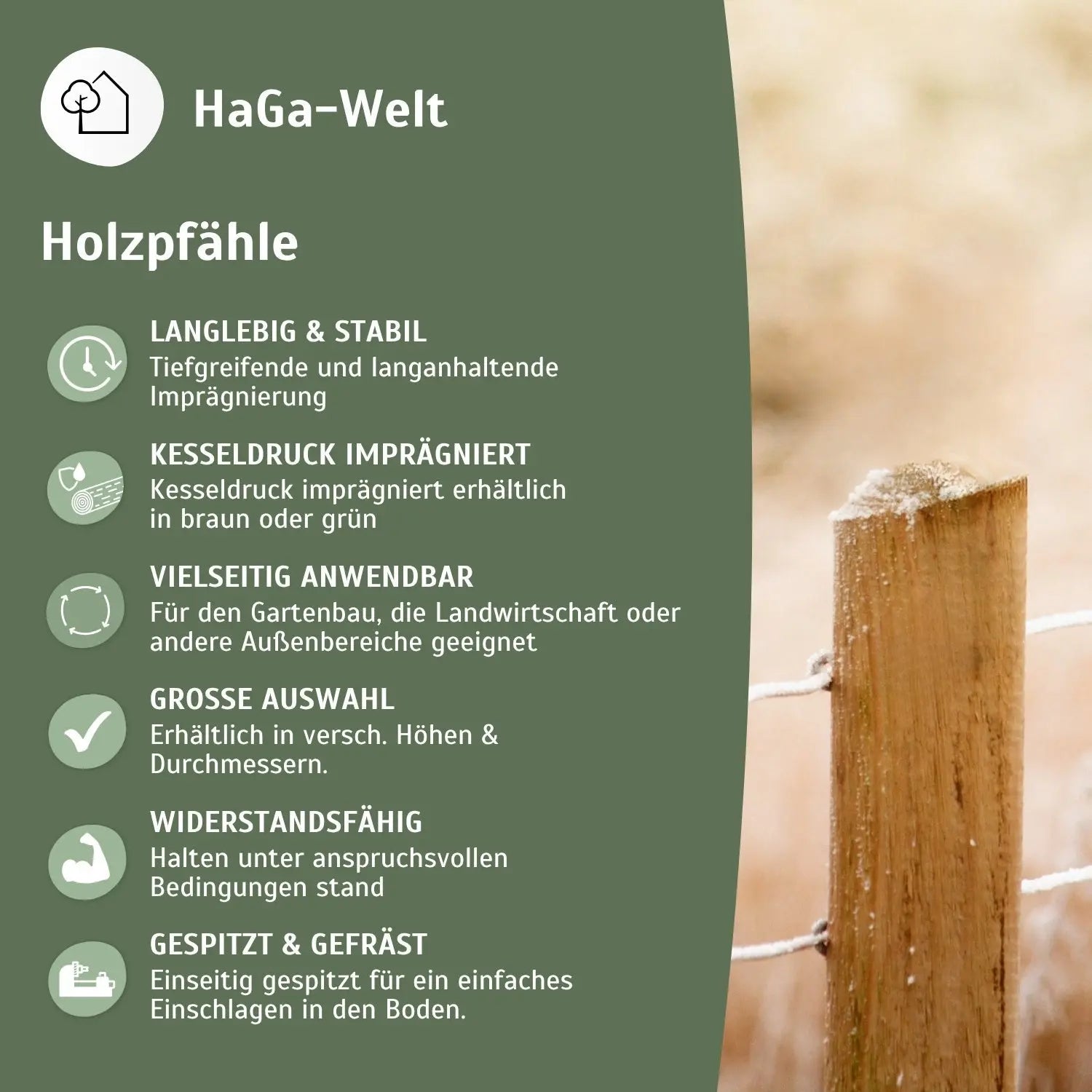 Holzpfahl, KDI grün – widerstandsfähig für den Zaun- und Gartenbau