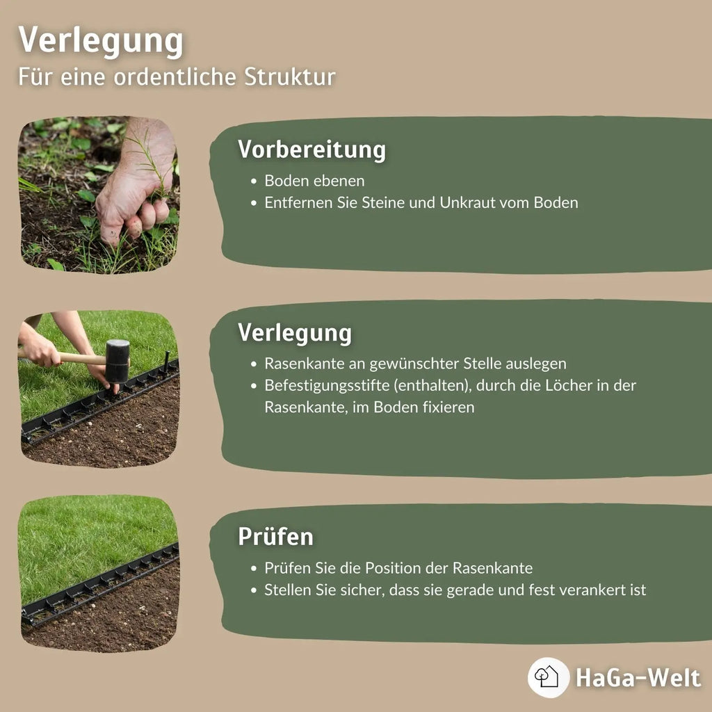 Rasenkante, flexibel 10 m x 40 mm mit 20 Befestigungstiften – Beeteinfassung leicht gemacht
