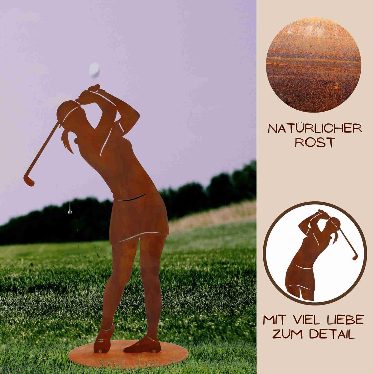 Rostikal Golferin Skulptur mit runder Bodenplatte Ø 18 cm standfest